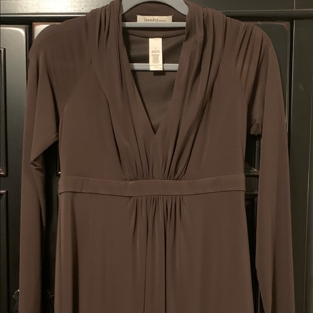 Chocolate brown Laundry cocktail dress. Sheer sleeves, knee length, empire waist